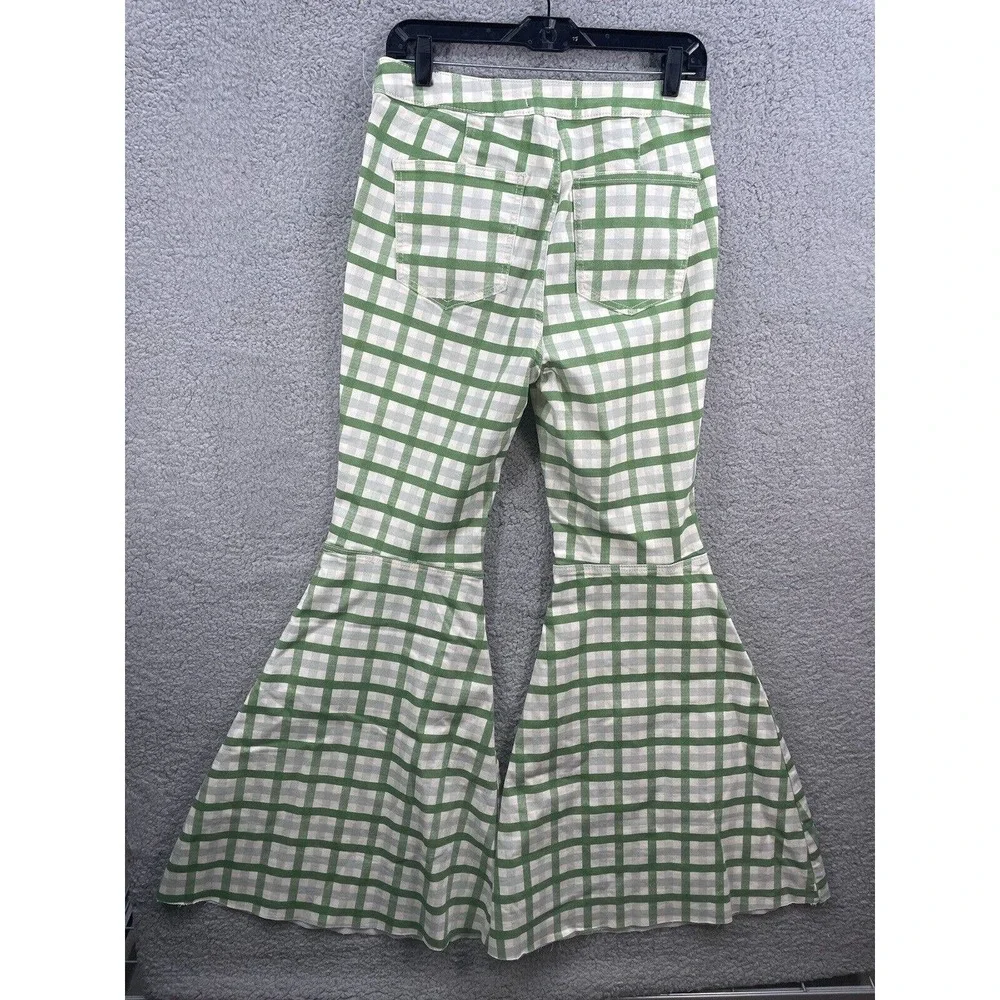 New Free People Float on Flare Green Plaid High Rise Wide Leg Flare Jeans - Picture 4 of 6